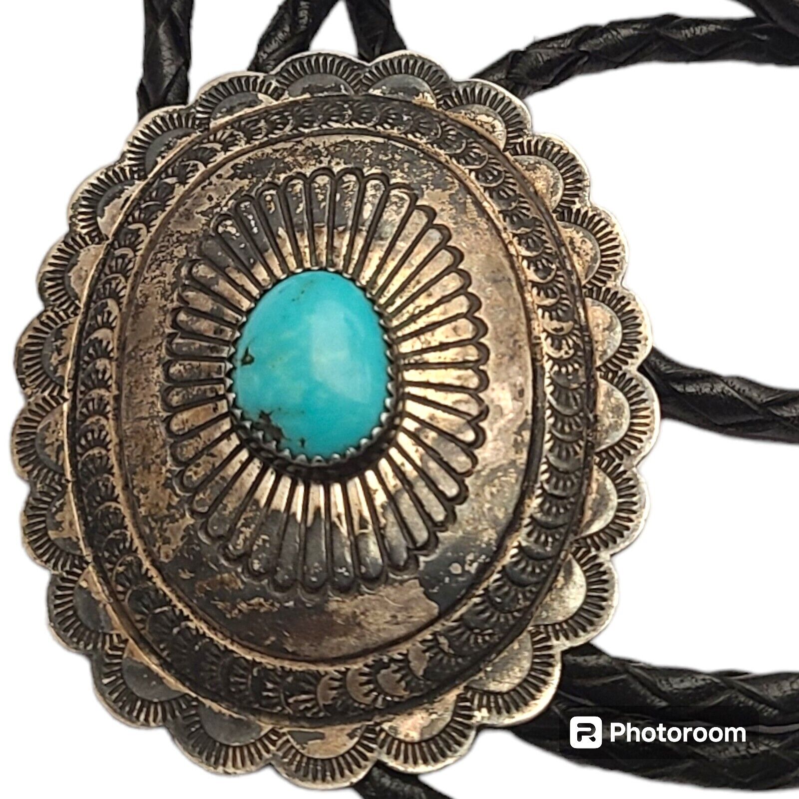 VERY INTRICATE VINTAGE NAVAJO CONCHO STERLING SILVER Bisbee Turquoise BOLO TIE