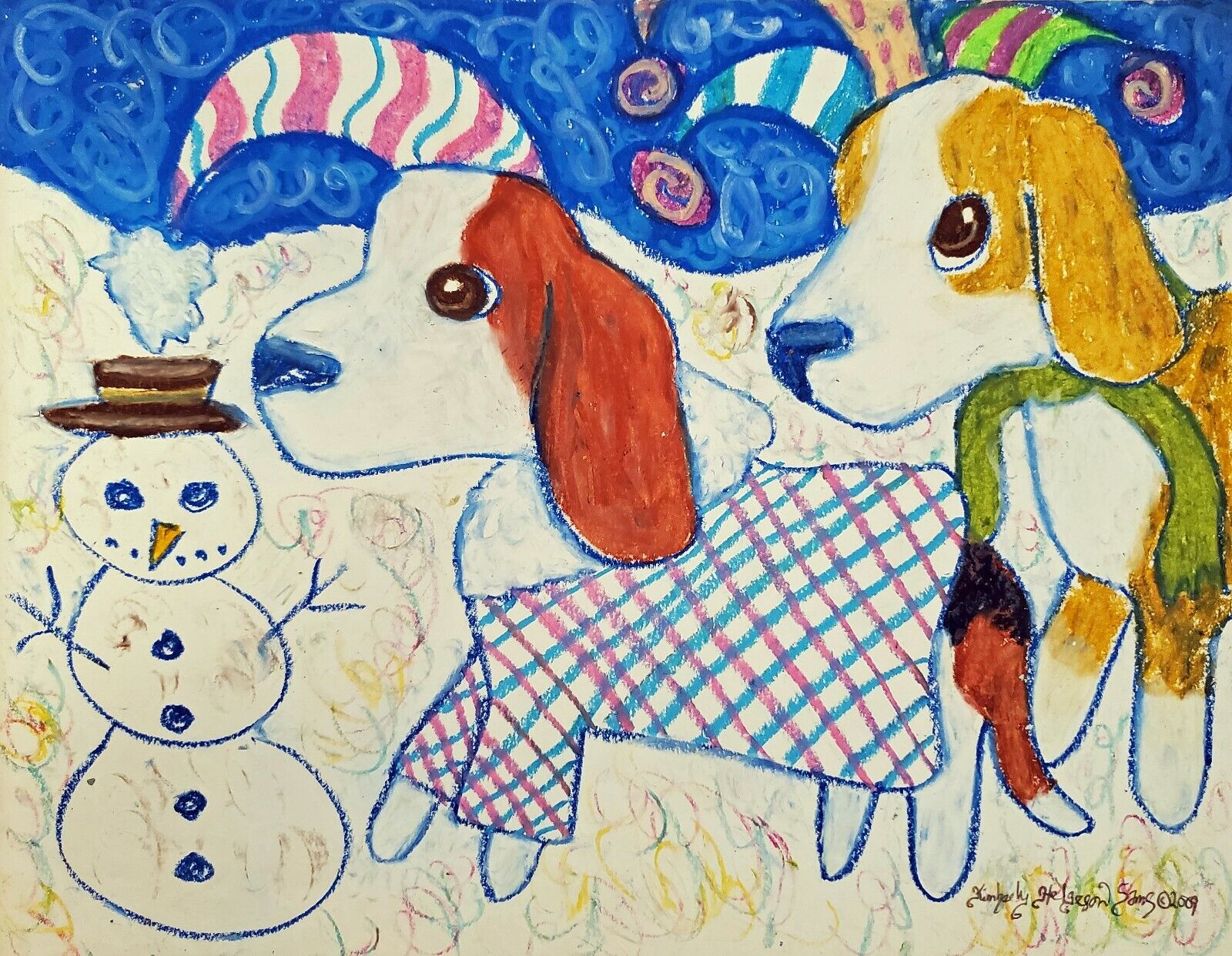 Beagle Snowman 13 x 19 Art Print Dog Collectible Signed by Artist KSams Winter