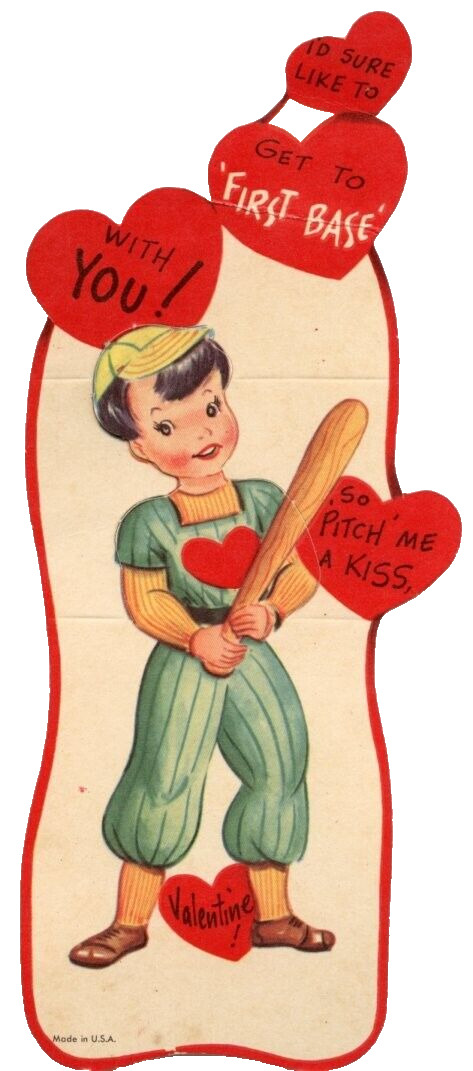 Vtg Valentine Card Baseball Player Get 1st Base With You Pitch Me a Kiss  1930s