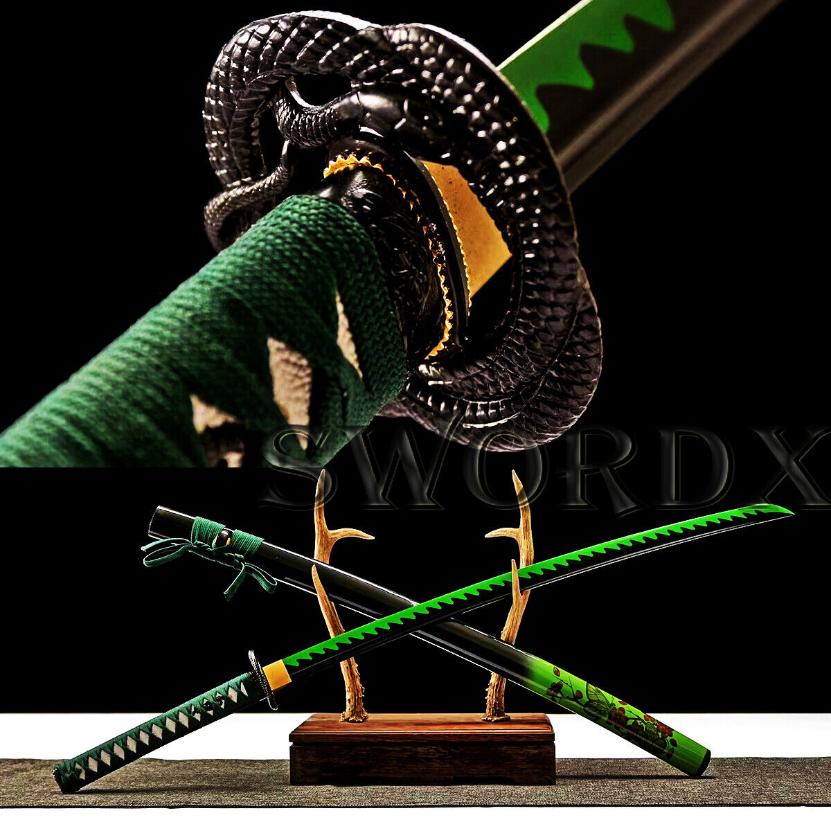 Lucky Green Japanese Samurai Katana Sword Carbon Steel Blade God of Good Fortune