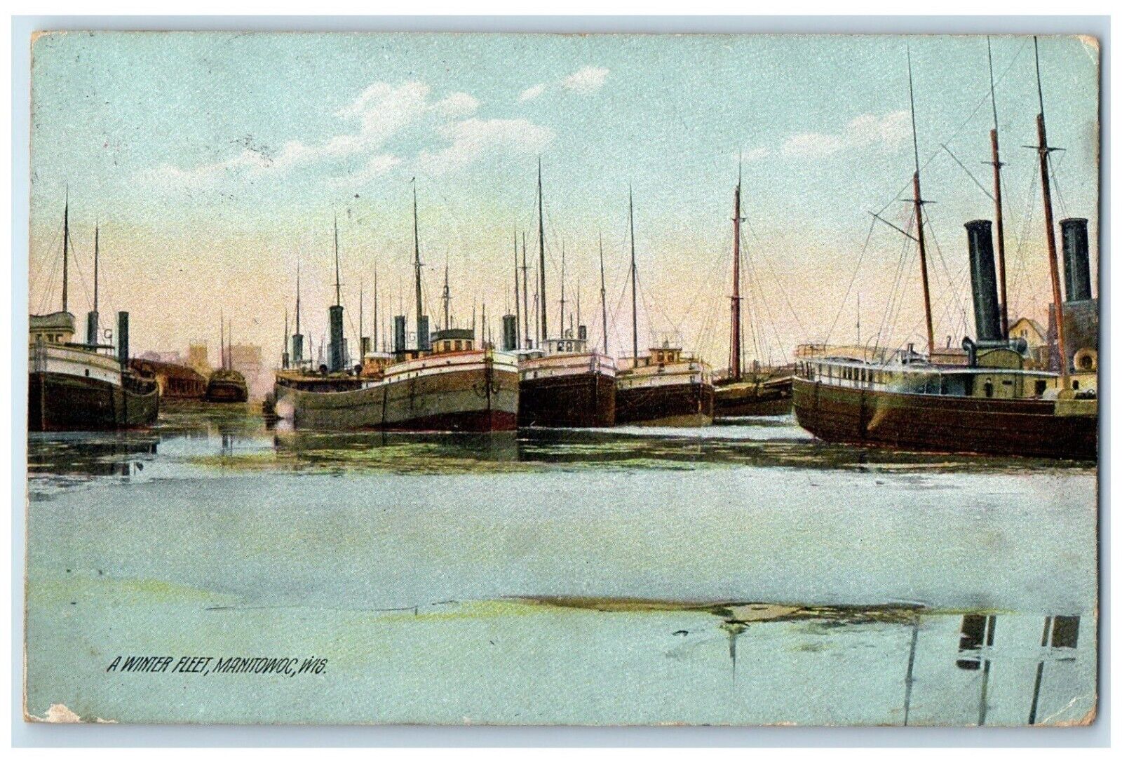 1912 Winter Fleet Steamer Cruise Ship Manitowoc Wisconsin WI Vintage Postcard