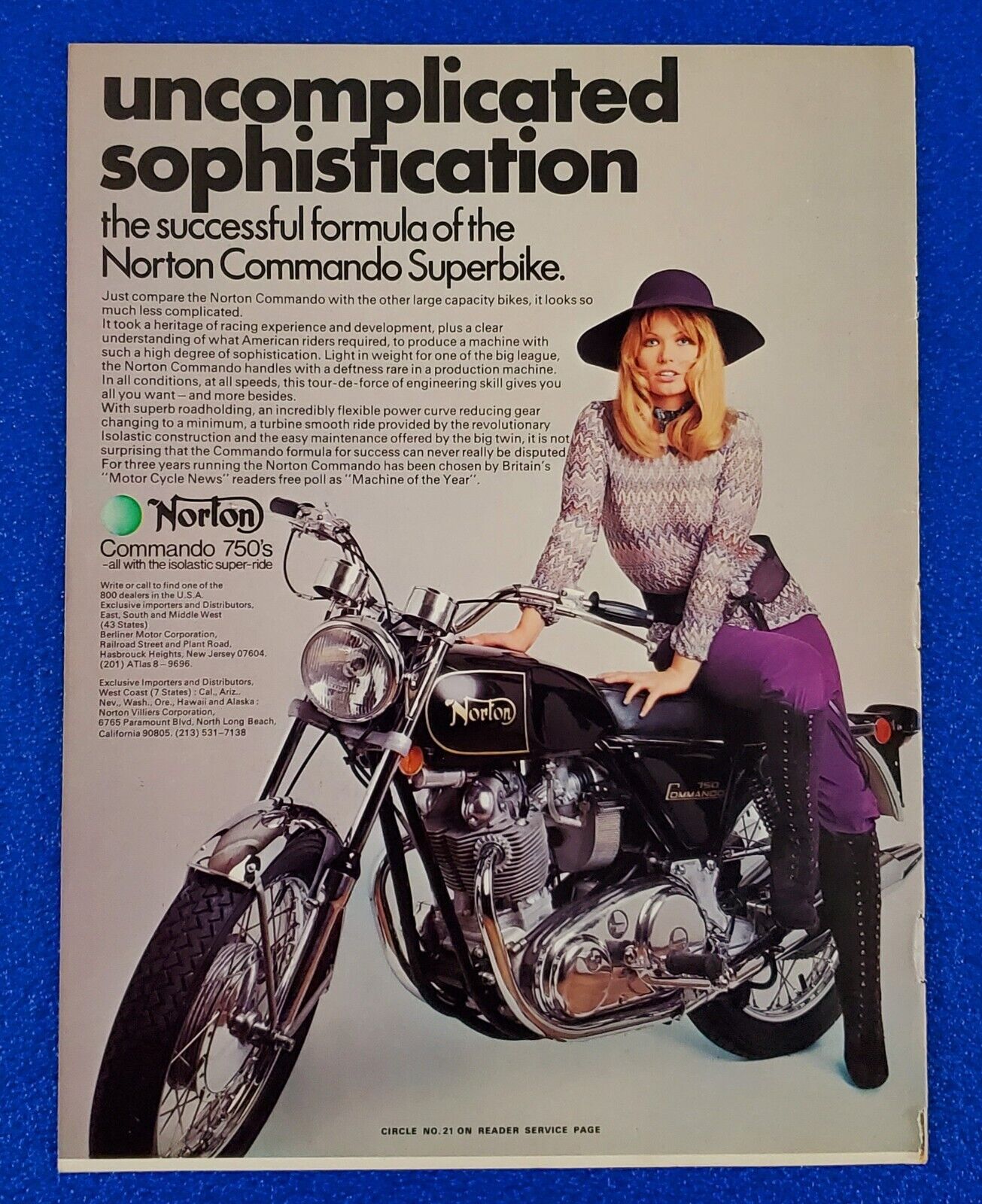 1971 NORTON COMMANDO 750cc MOTORCYCLE ORIGINAL COLOR PRINT AD (LOT BLACK S24)