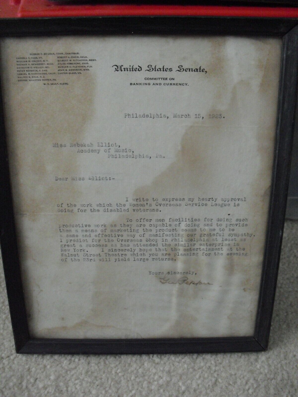 RARE Original 1923 Senator George Wharton Pepper Signed Letter WOSL