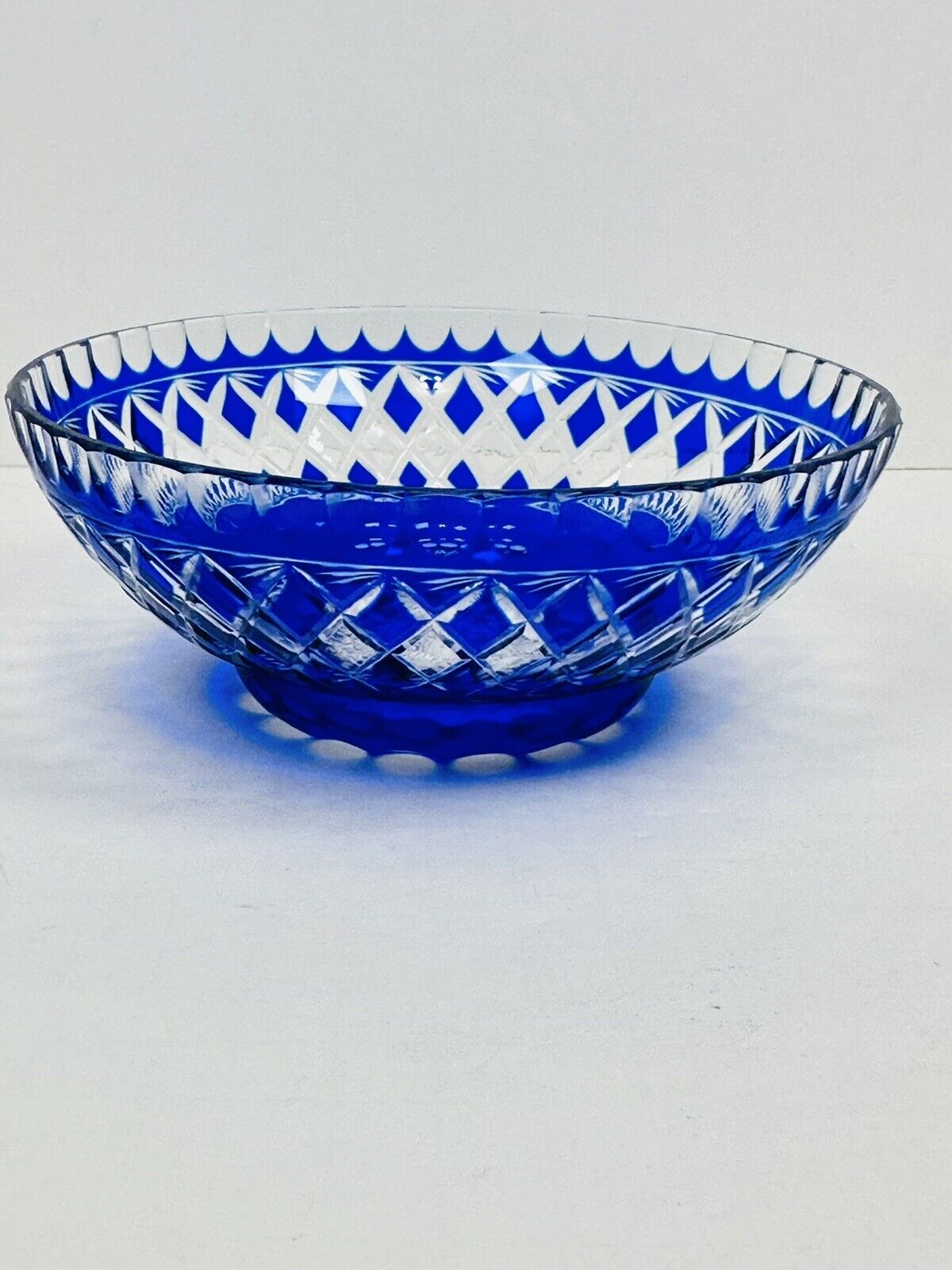 Vintage Cobalt Blue Cut To Clear Crystal Glass Bowl Dish 6.5”