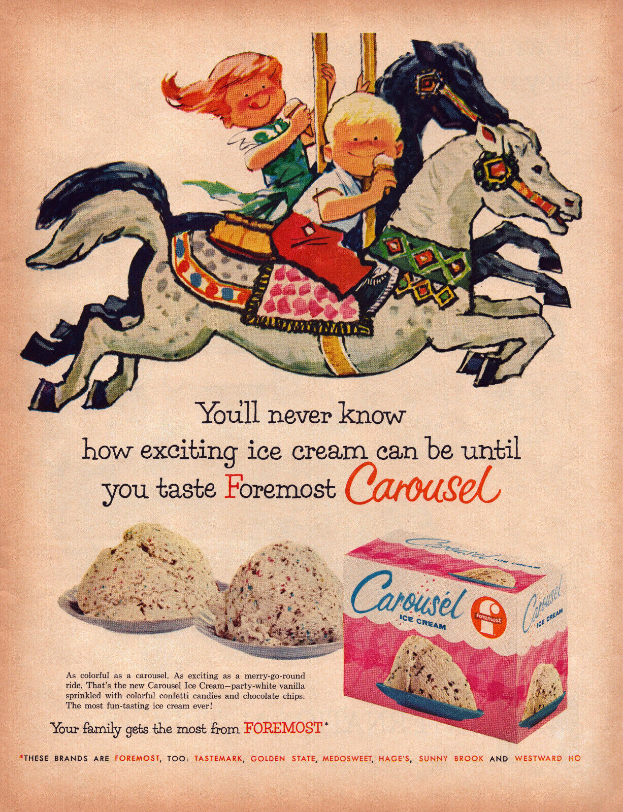 A5 Vintage Print Ad Crousel Ice Cream From Foremost White Tastemark Sunny Brook