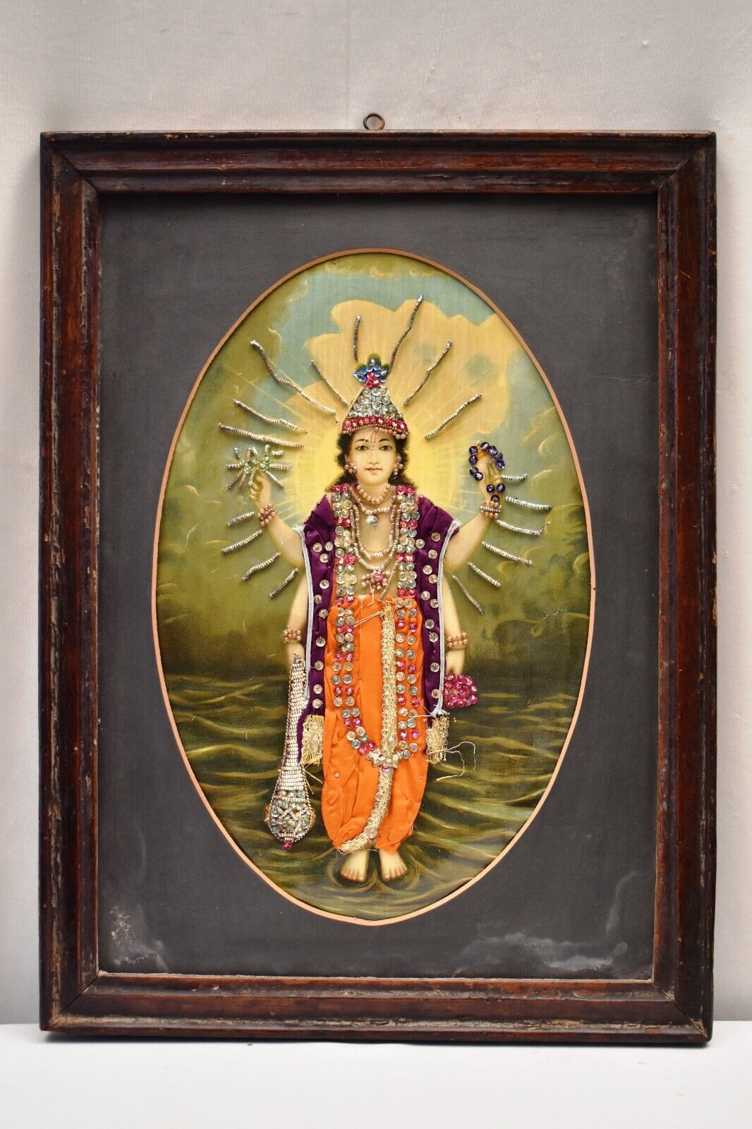 Antique Ravi Varma Lithograph Print Satya Narayan Zari Work Oleograph Embellishe