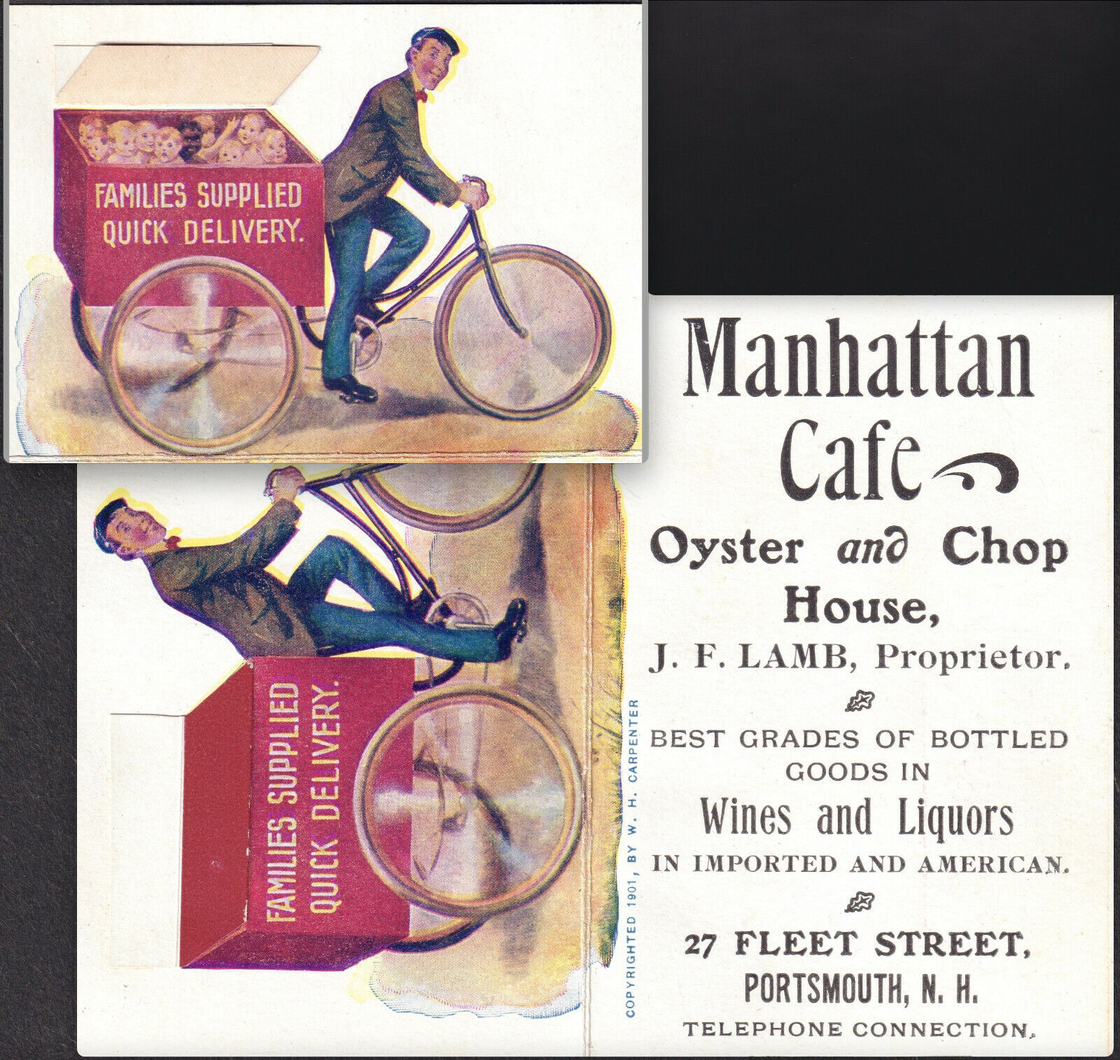 Oyster Chop House Portsmouth NH Bottle Goods Baby Delivery Bike c1901 Trade Card