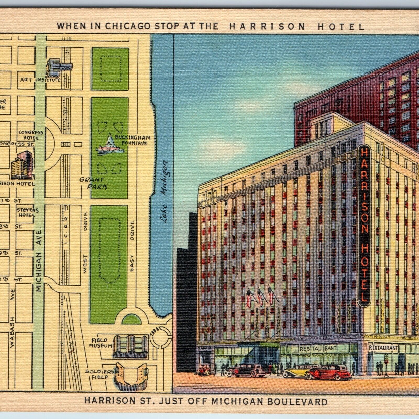 c1933 Chicago, ILL Harrison Hotel St. Map Roadside Art Michigan Blvd. CT PC A197