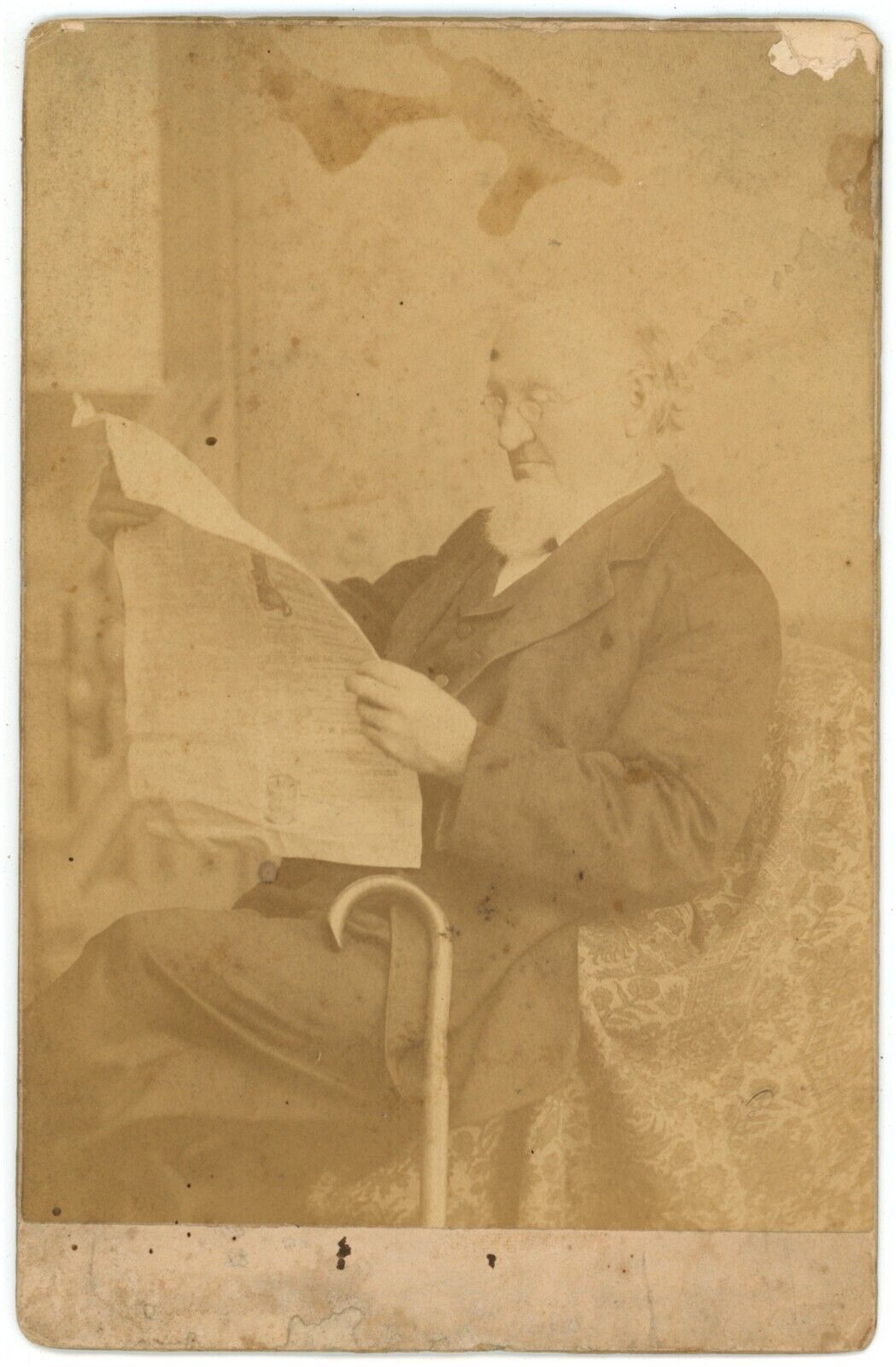 Rare c1880s ID'd Cabinet Card G. Bretz Older Man with Beard Reading Newspaper