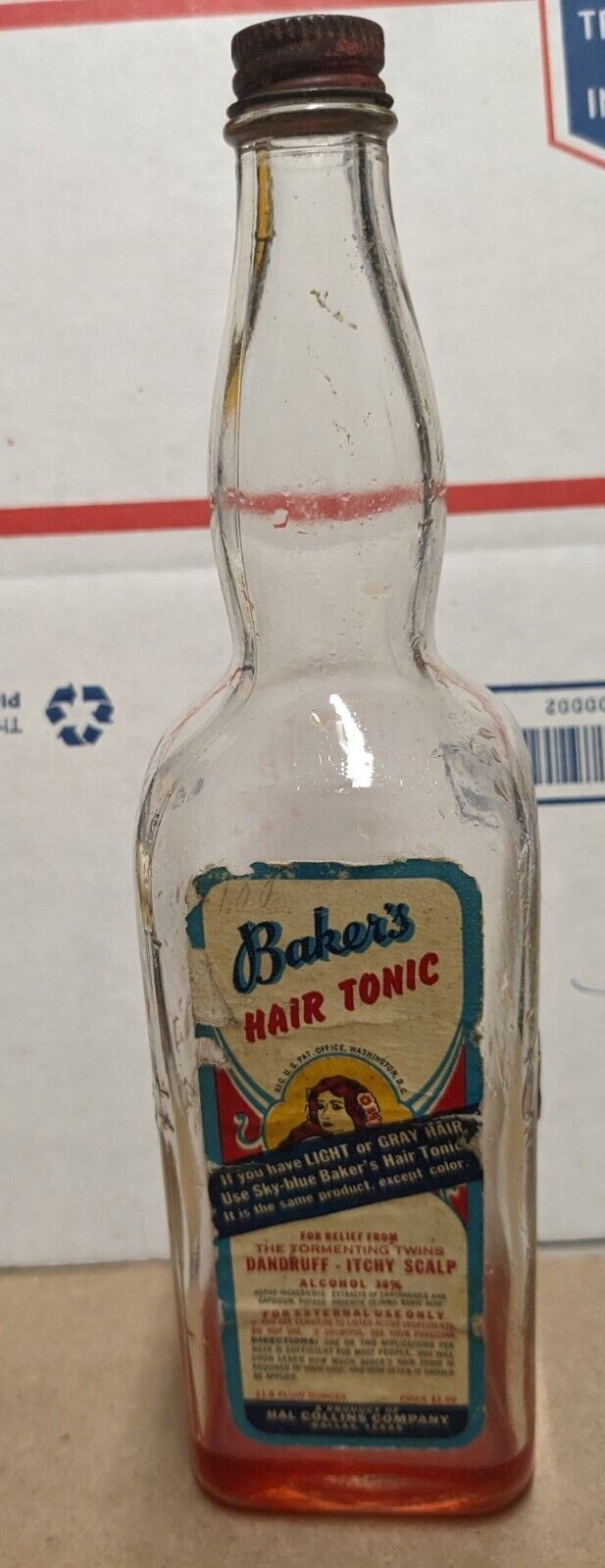 Vintage Baker\'s Best Hair Tonic Bottle With Label Hal Collins Co. Dallas Texas 