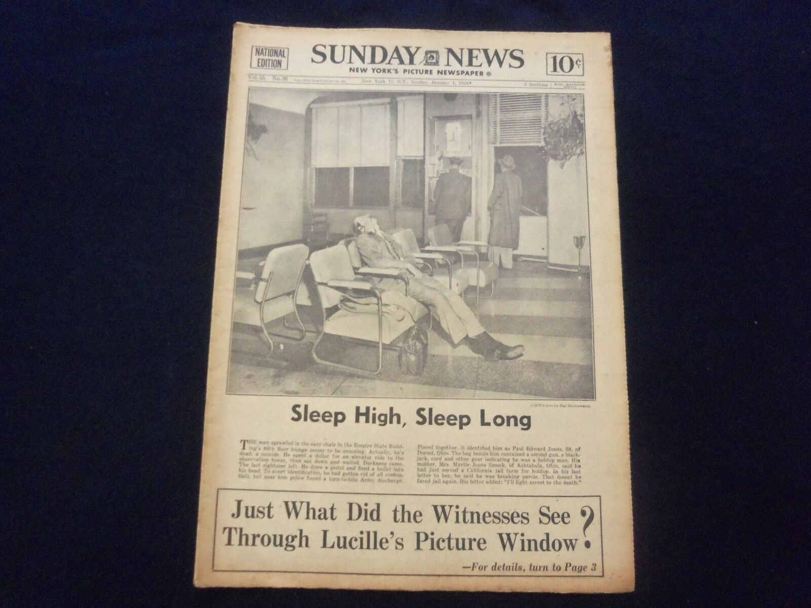 1956 JAN 1 NEW YORK SUNDAY NEWS NEWSPAPER - PAUL EDWARD JONES SUICIDE - NP 6765