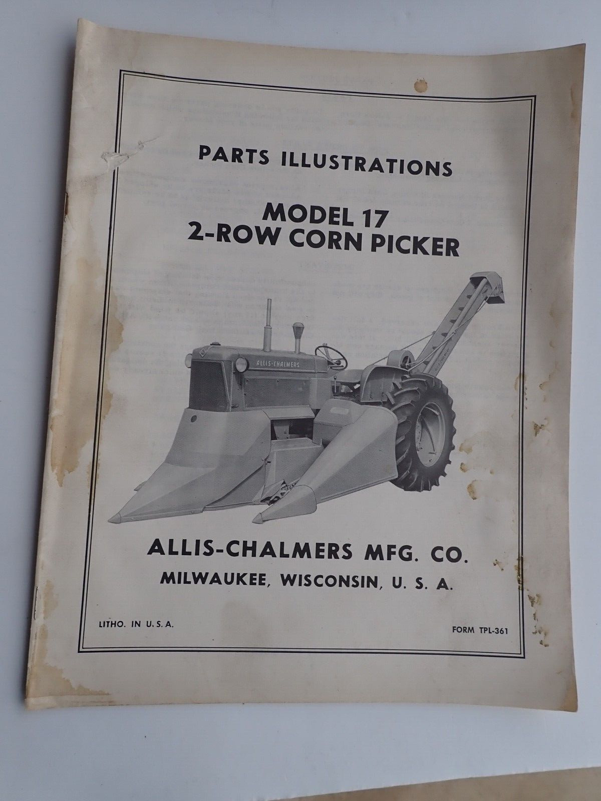Original 1950s Allis Chalmers Model 33 & 34 - 2 Row Corn Picker Parts  Catalog