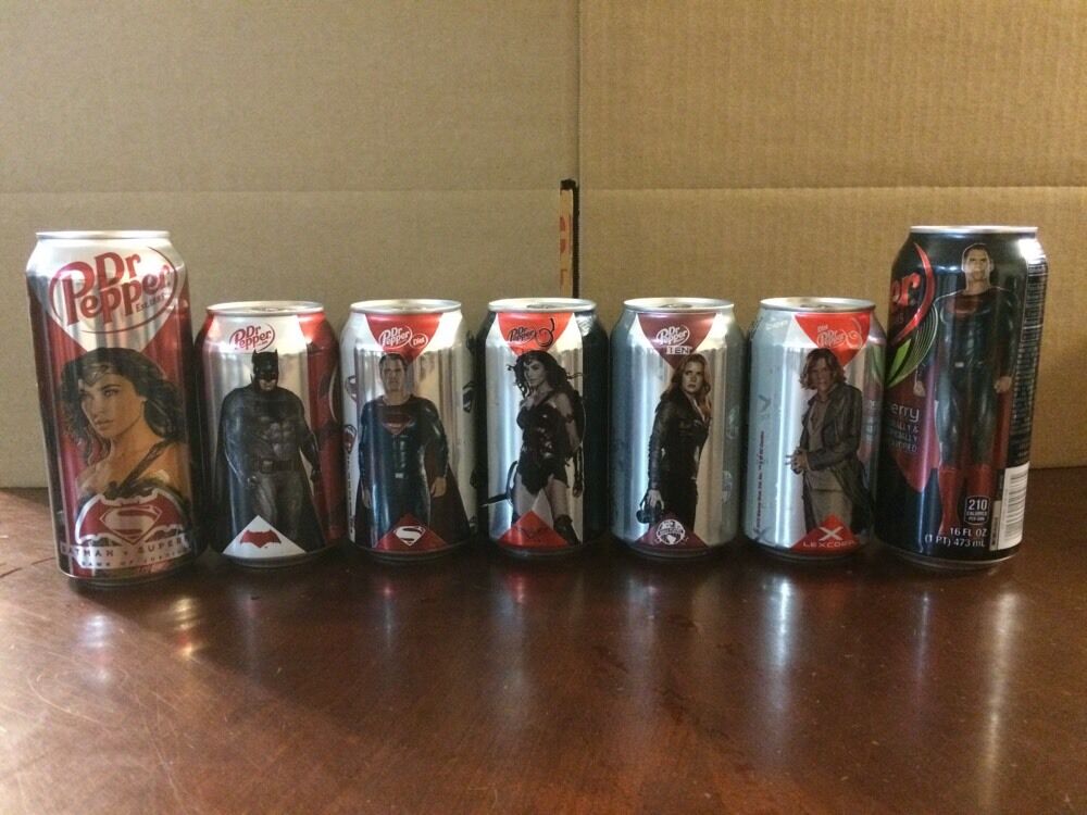 Complete Set Of 7 - Dr. Pepper BATMAN V SUPERMAN Cans 12 & 16 Oz. Wonder Woman