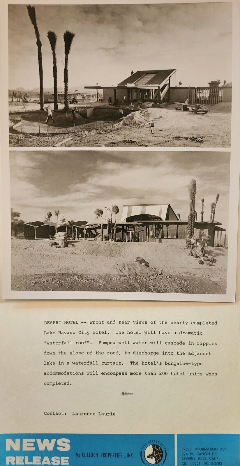 Vintage Lake Havasu City Arizona- McCullough Press Release- LHC hotel Building 