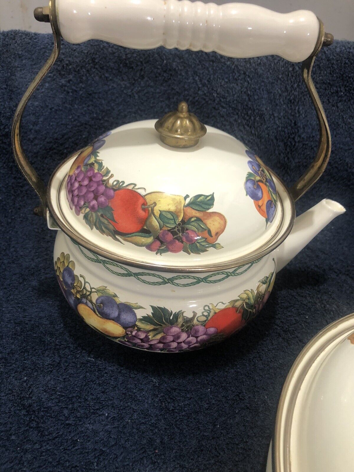 Vintage Lincoware Cornucopia Fruit Enamel over Steel Teapot Saute Pans Brass