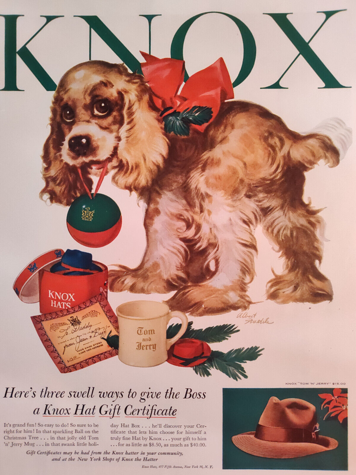 1951 Esquire Ads KNOX Hats Albert Staehle Dog painting Charter Oak Whisky