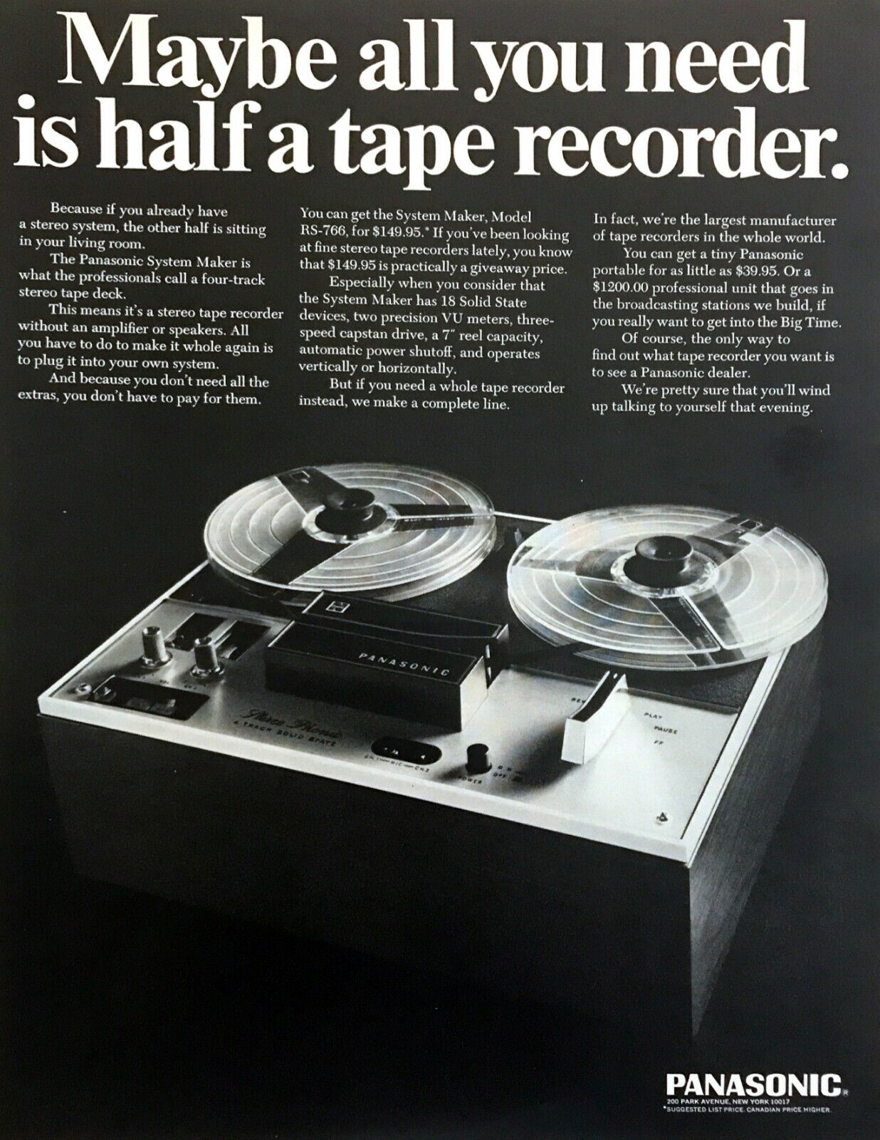 1967 Panasonic System Maker Stereo Tape Recorder photo vintage print ad
