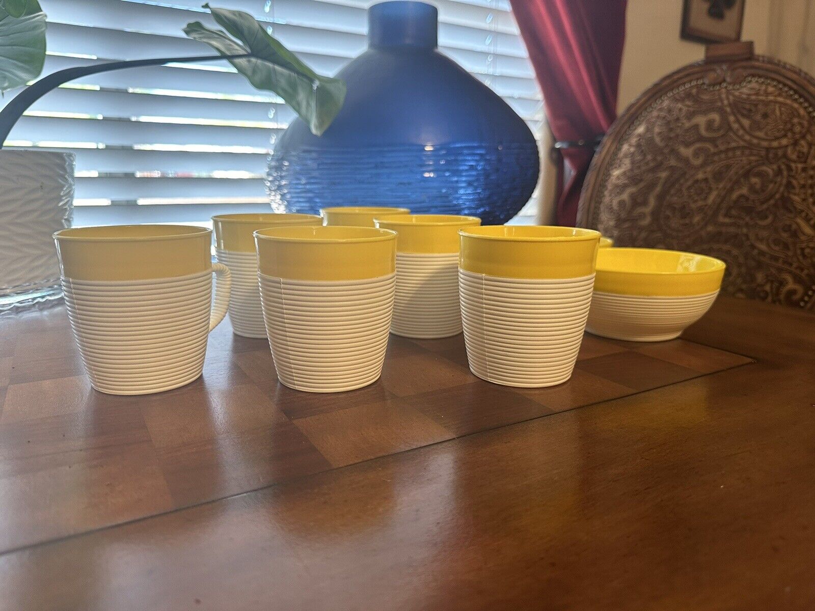 Lot Of 8 Mid Century Raffiaware By Thermo-Temp Yellow Pedastal Bowls and Cups