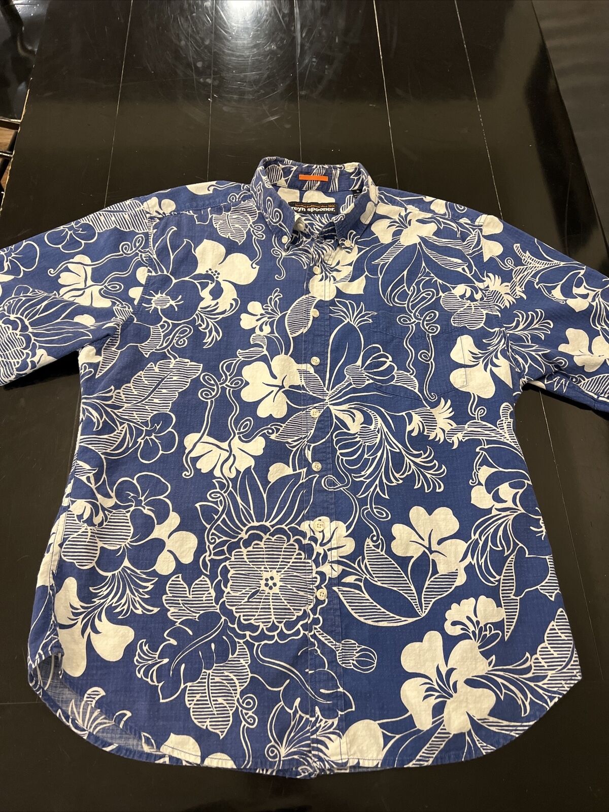 Vintage Reyn Spooner Flowers Floral Hawaiian Aloha Pocket Shirt XL Blue Surfer