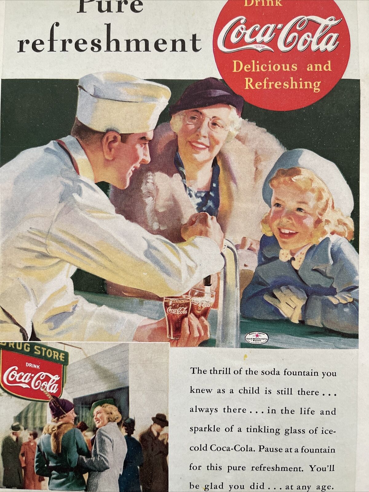Vintage 1937 COKE Coca Cola Drug Store Soda Fountain Color Print Ad