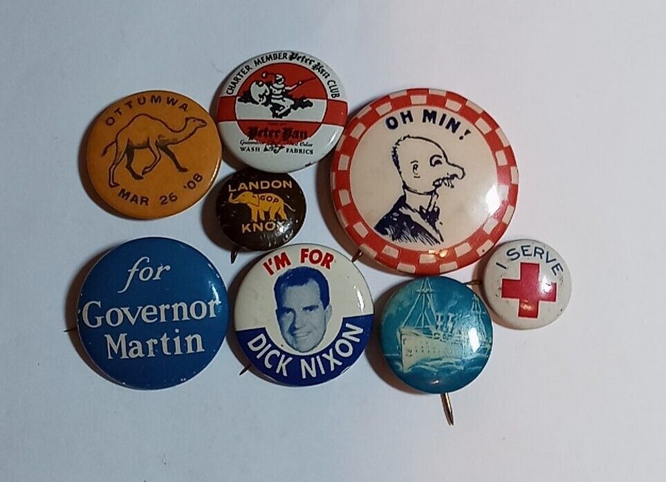 Vintage Pin Pinback Button Lot - Political, Peter Pan Club, Andy Gump, and More