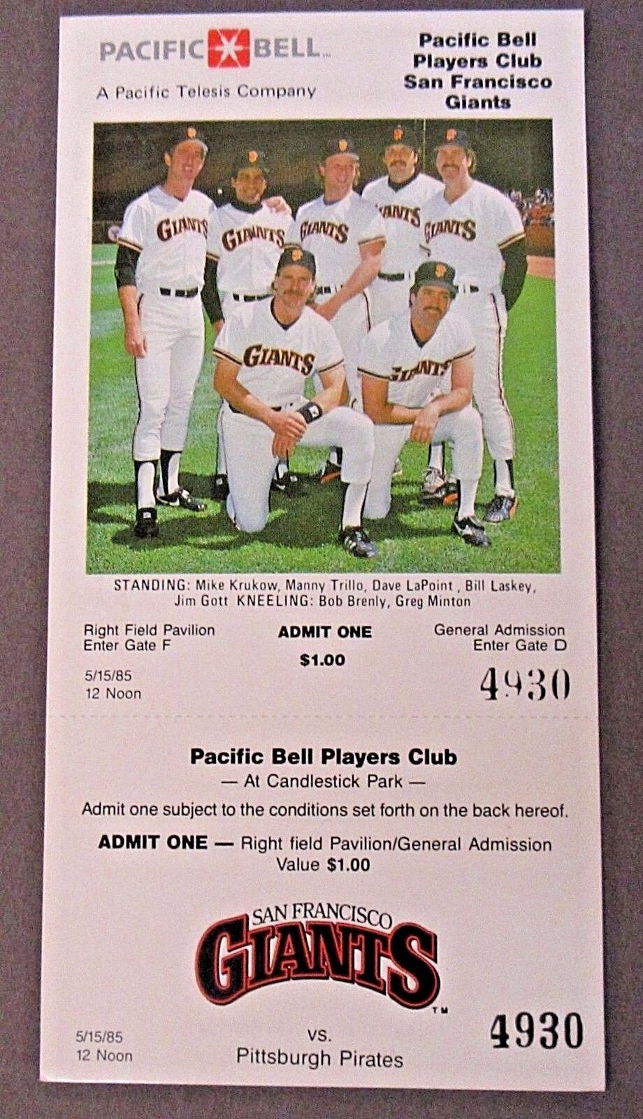 1985 SAN FRANCISCO GIANTS v Pirates full unused photo illus. ticket & I.D. Card