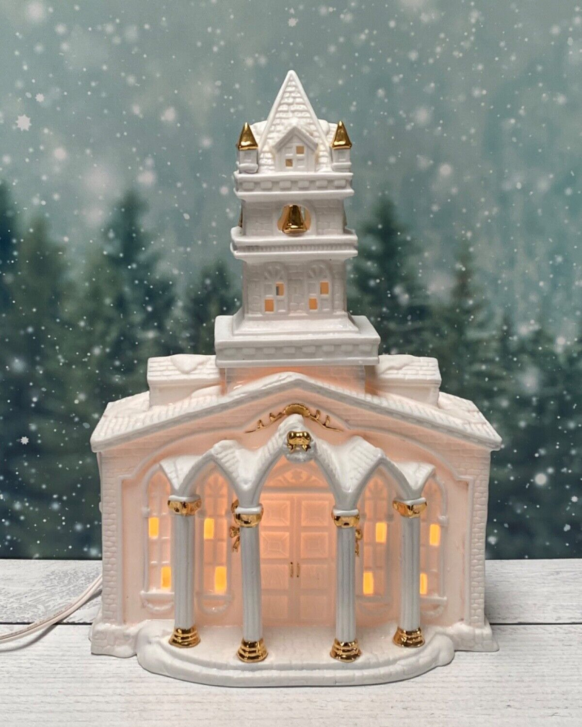 1997 White Porcelain Lighted Church With Gold Accents | Christmas Village Decor