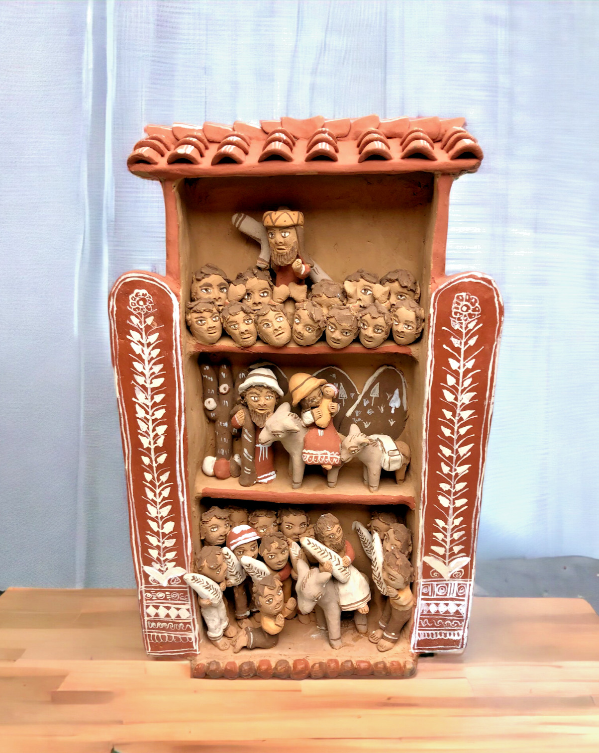 12x8 Rare Peruvian Latin American Folk Art Clay 3 Tier Jesus Nativity Religious