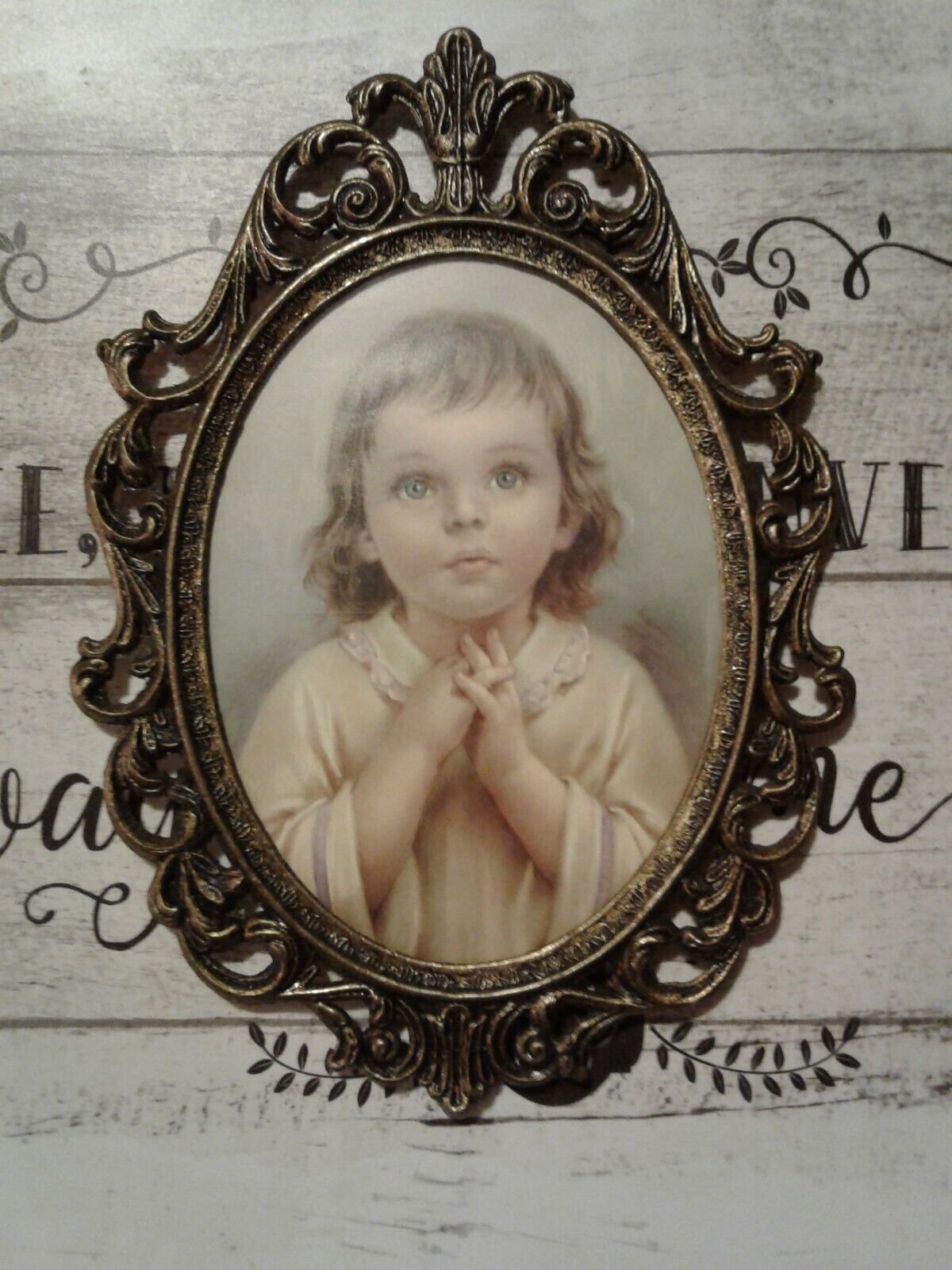 Vintage Ornate patina Metal Frame/Glass Child in Prayer Picture Framed