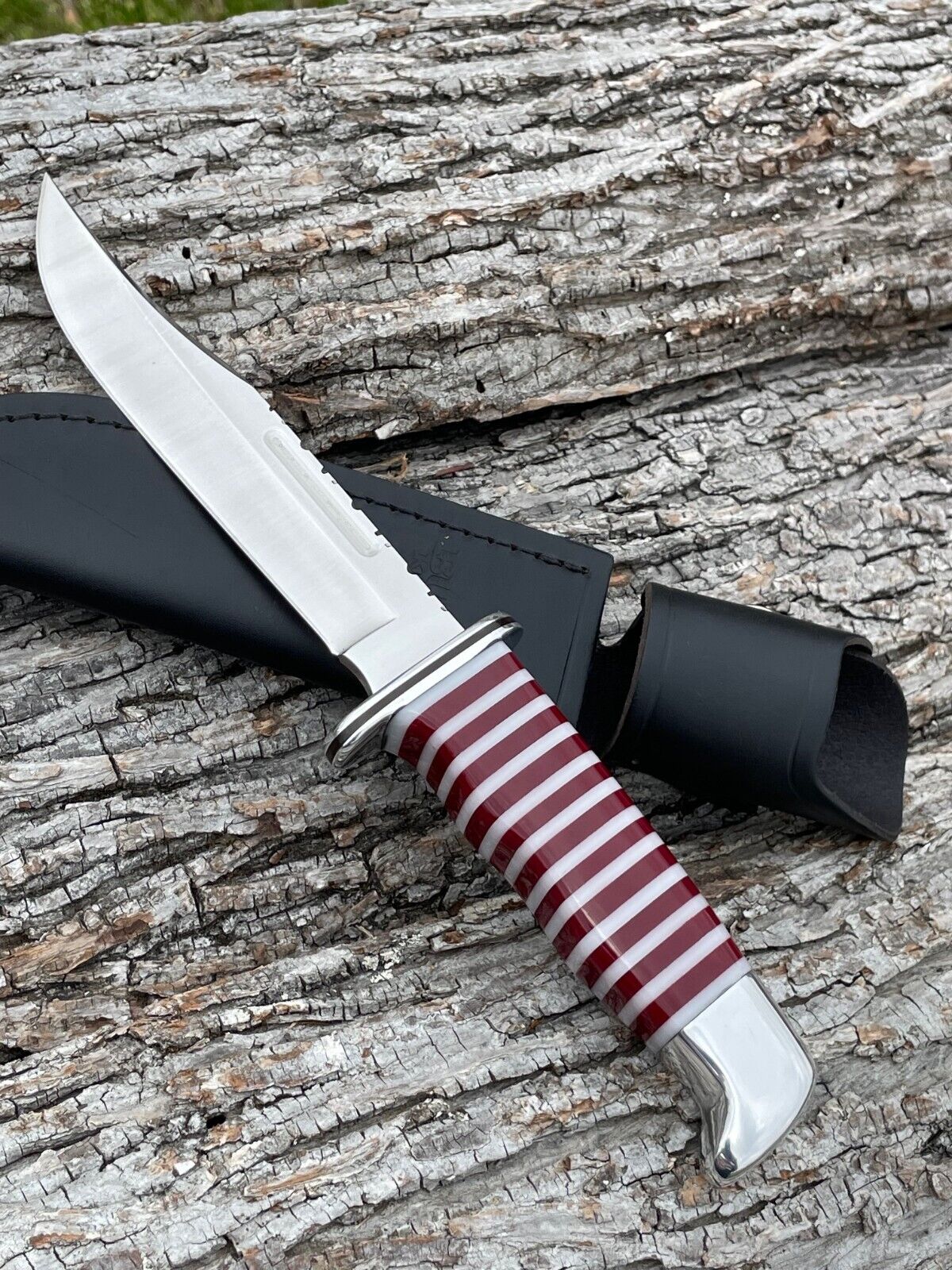 BUCK 119 CUSTOM LEROY REMER RED & WHITE FIXED BLADE KNIFE KNIVES SHEATH