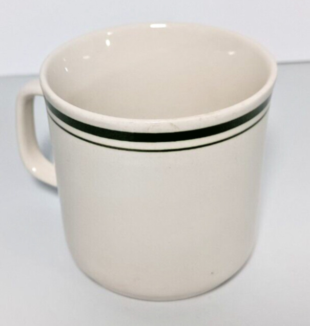 Genuine Stoneware Coffee Cup Mug, Vtg White w/ Olive Green Stripe