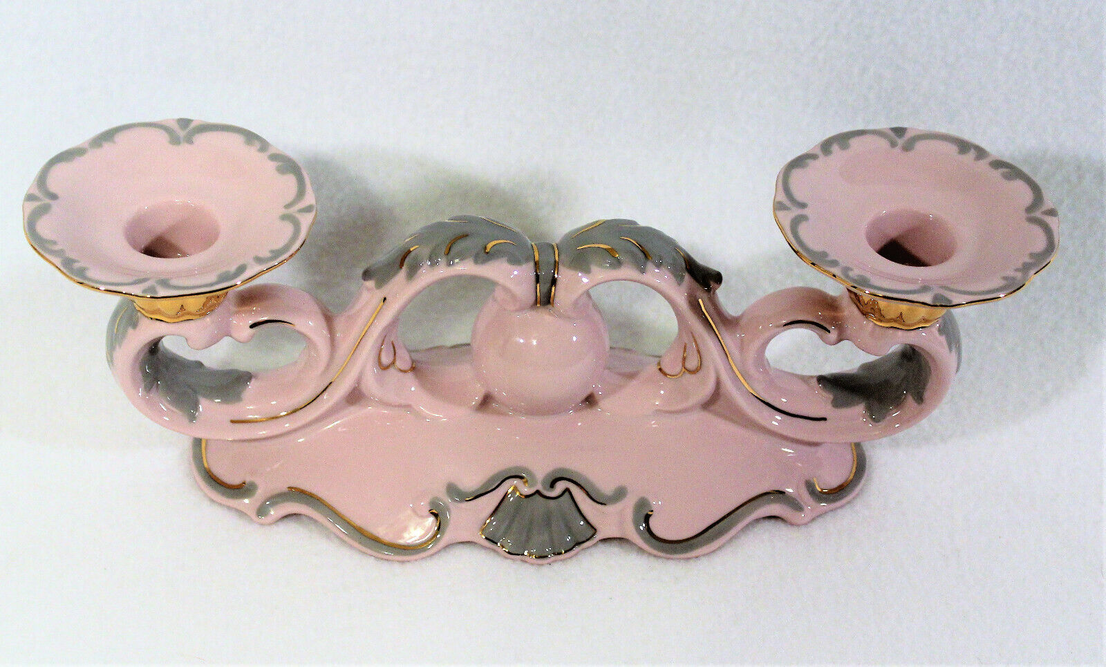 Vtg H&C Hand Painted Original Pink Rosa Porcelain Czech Republic Candle Holder 