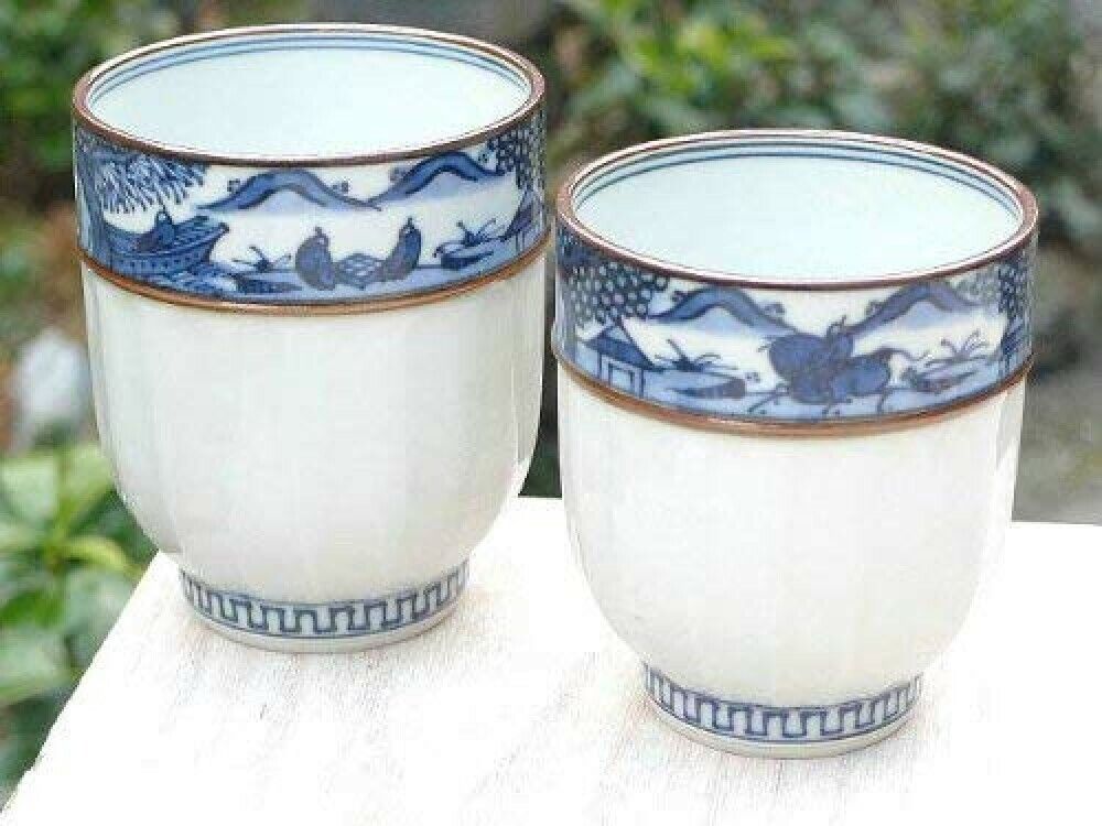 Pair White Blue porcelain Sansui Yunomi Green tea cup Kyo Kiyomizu yaki Japan
