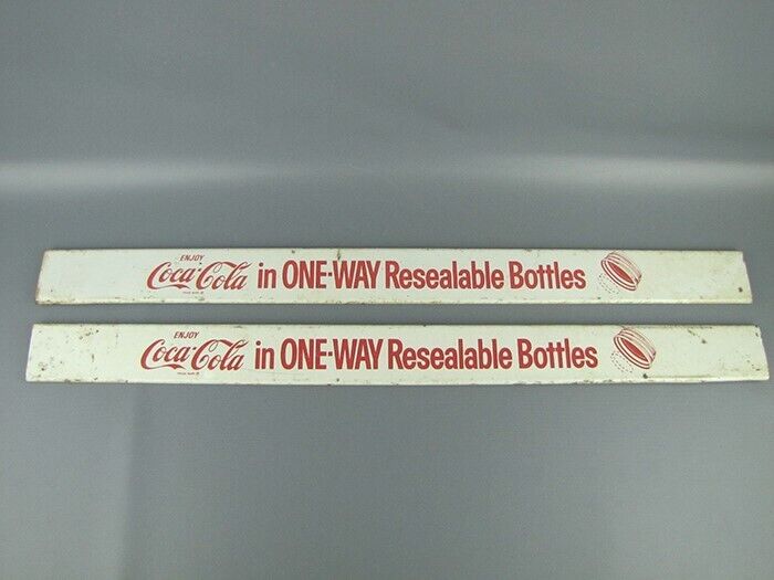 2 Vintage Coca-Cola Soda Pop One-Way Resealable Bottles Metal Display Rack Signs