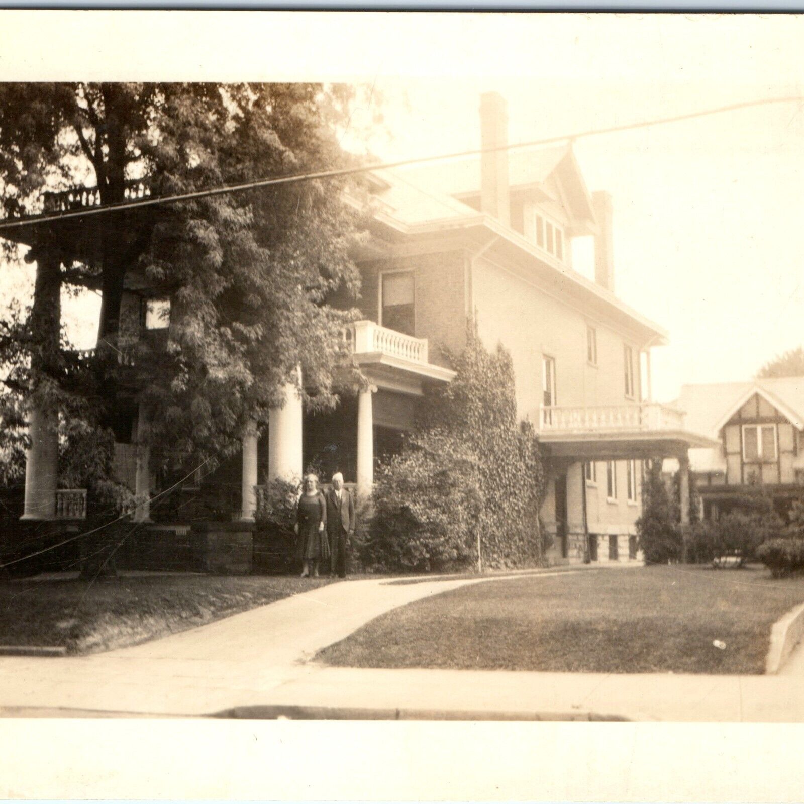c1940s Fancy House w/ Huge Pillars RPPC Residence Couple Real Photo Postcard A96