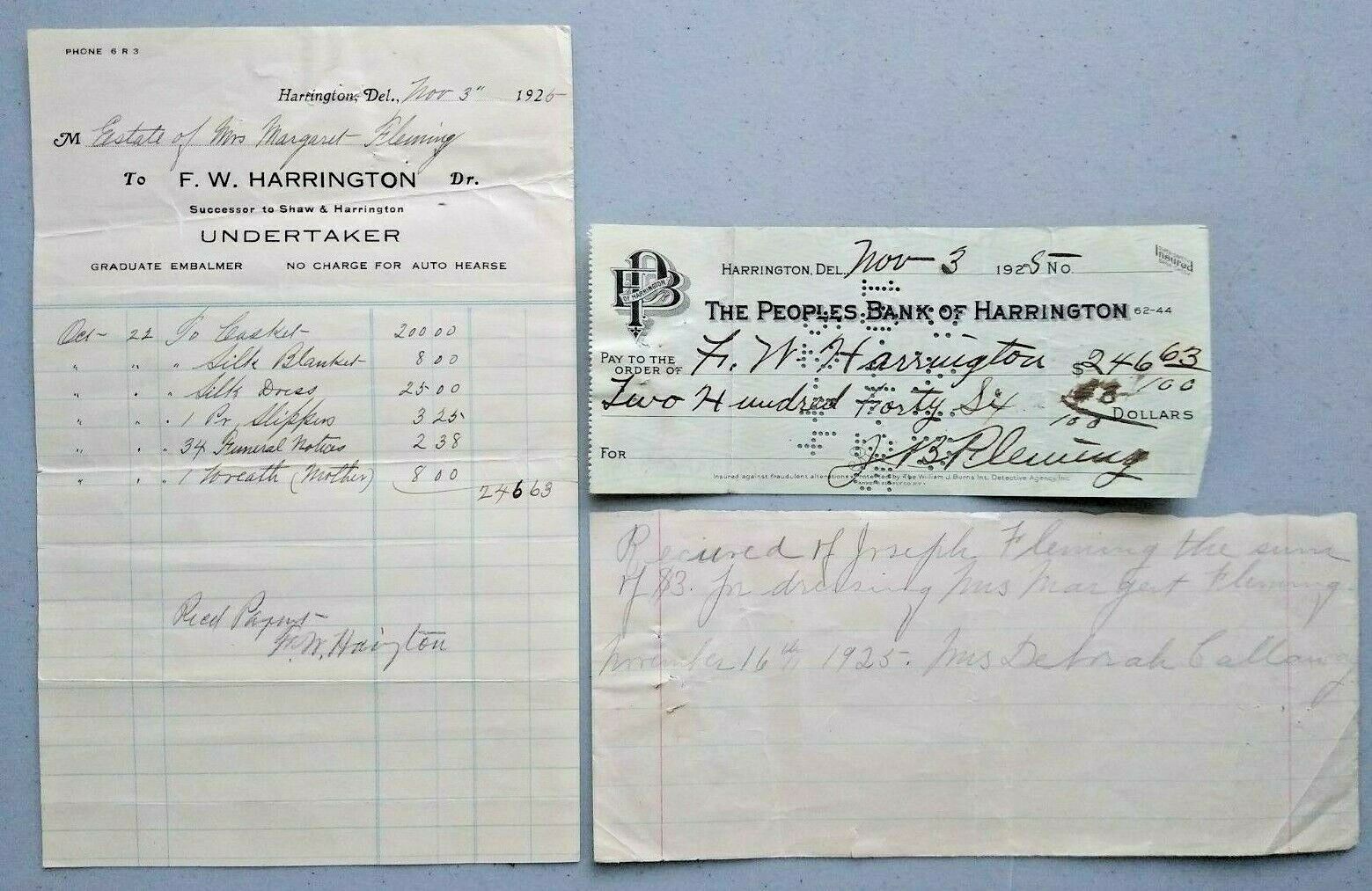 Harrington Delaware Undertaker Billhead Letterhead Peoples Bank Fleming 1925 