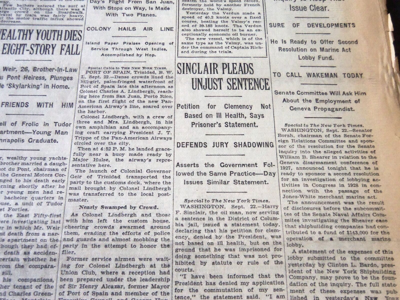 1929 SEPTEMBER 23 NEW YORK TIMES - SINCLAIR PLEADS UNJUST SENTENCE - NT 6553
