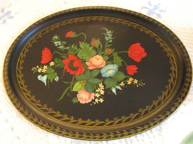 Large Vintage Hand Painted Poppies Roses Morning Glory Oval Mantle Tole Tray
