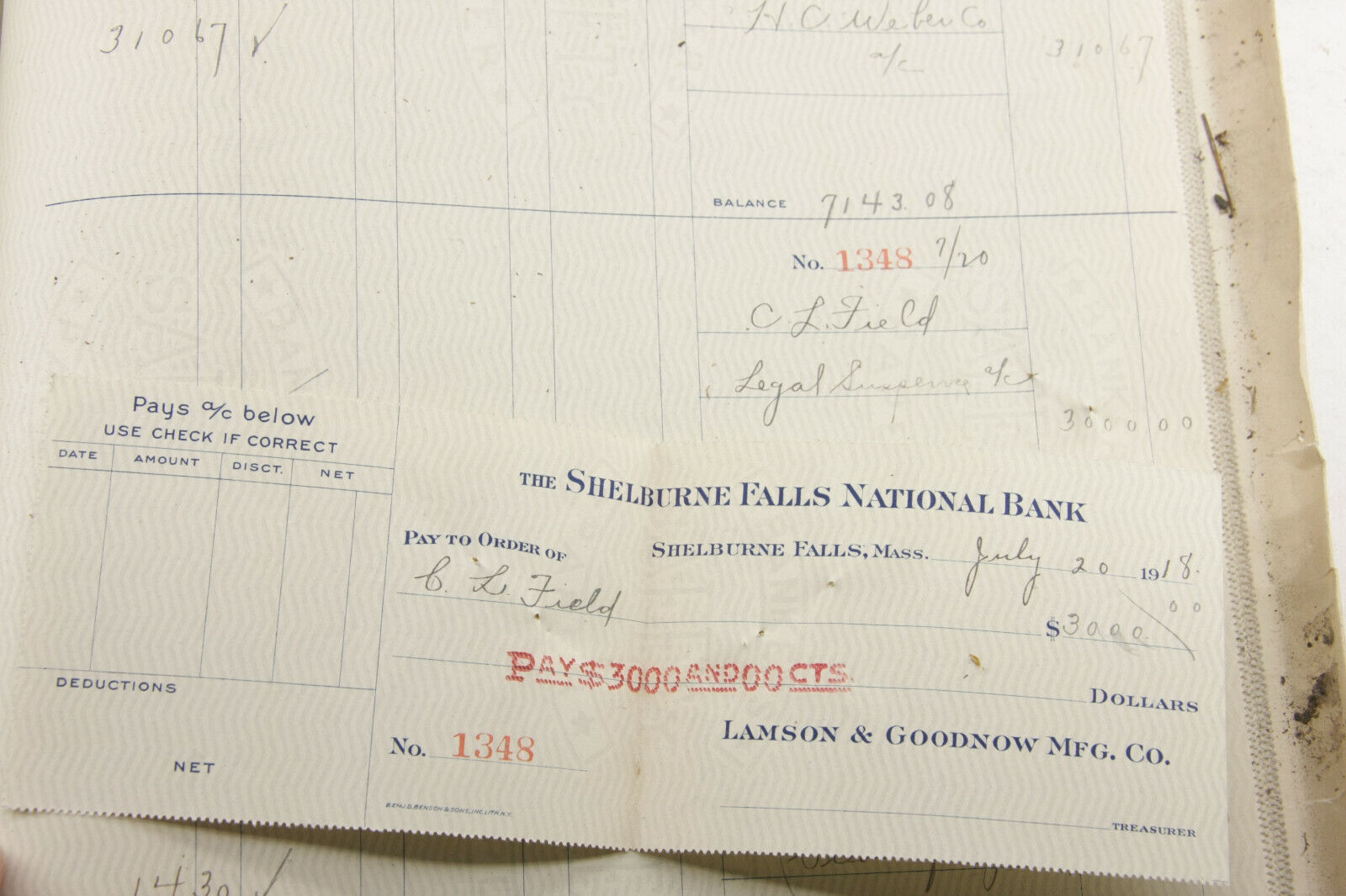 1918 Lamson Goodnow Check Register #1001 - #1500 5/14 - 8/23/1918 Ephemera N300