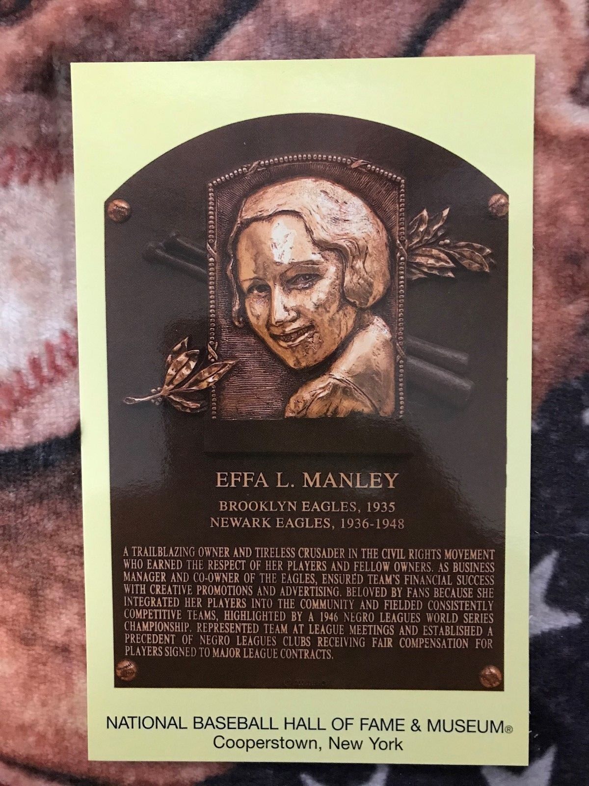 Effa Manley Postcard- Baseball Hall of Fame Induction Plaque - Photo - 1st Woman