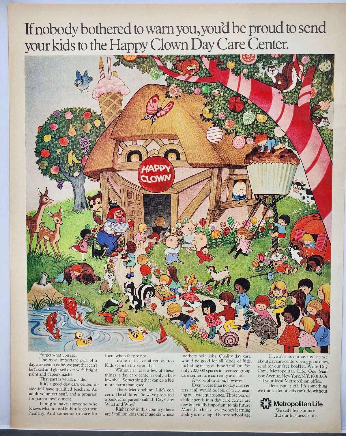 1972 Metropolitan Life Insurance Happy Clown Daycare Center Vtg Color Print Ad
