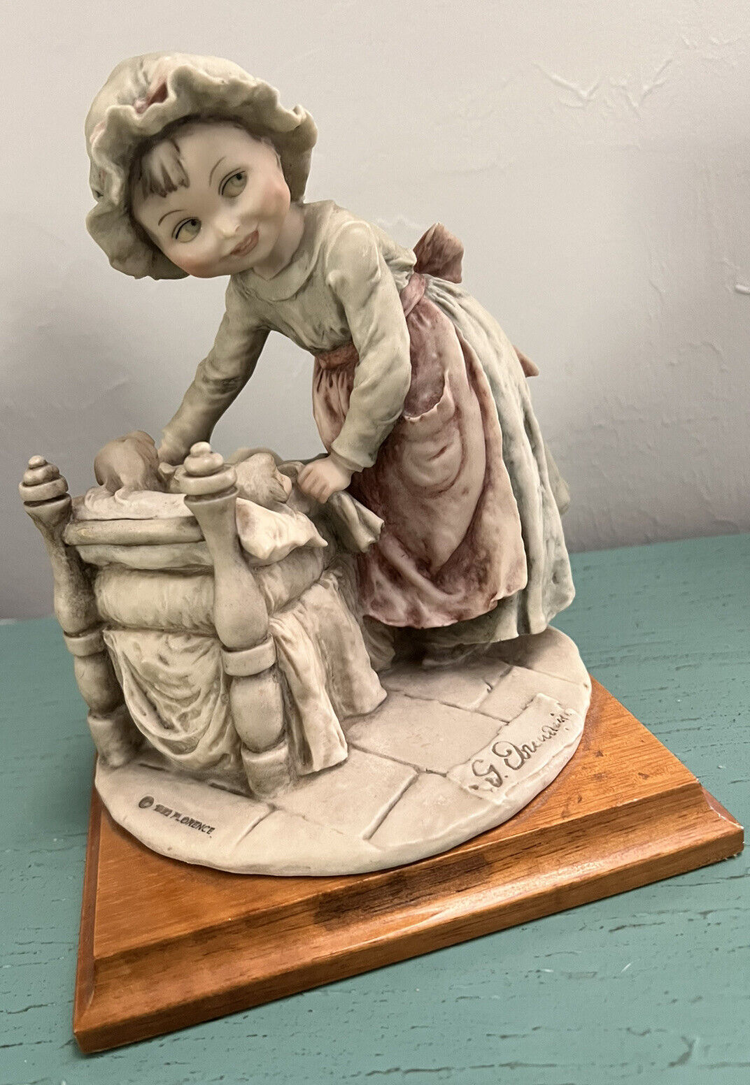 Vintage G. Armani Giuseppe Florence Girl Putting Toys to The Bed Figurine Signed