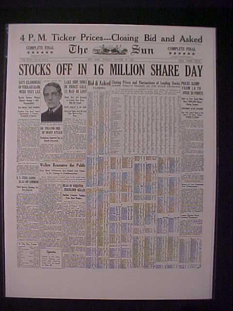VINTAGE NEWSPAPER HEADLINES ~ NEW YORK WALL STREET STOCK MARKET CRASH OCT.  1929