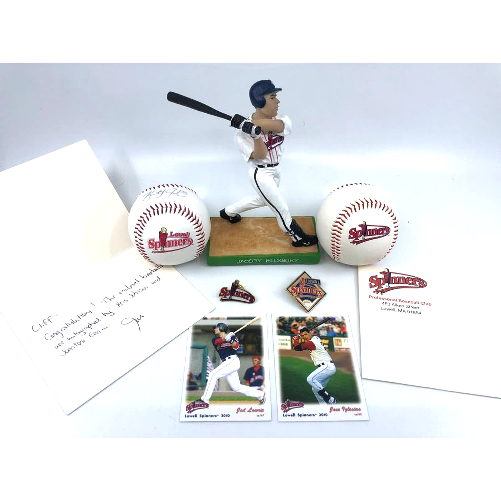 Lowell Spinners Signed Baseballs, Pins, Jacoby Ellsbury Figure & Memorabilia
