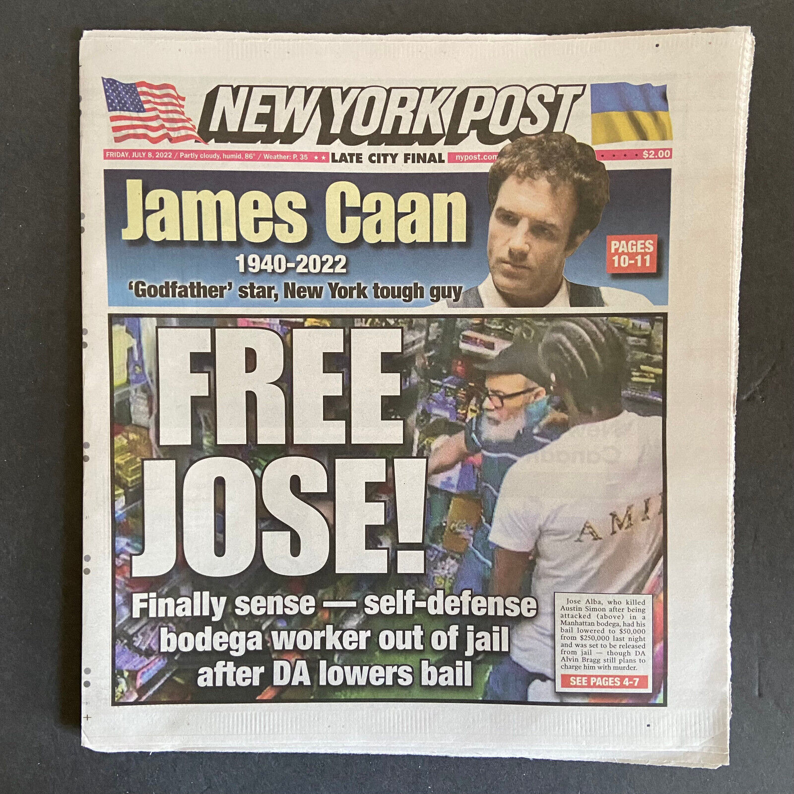 James Caan tribute memorial RIP Josh Donaldson New York Post newspaper 7/8 2022