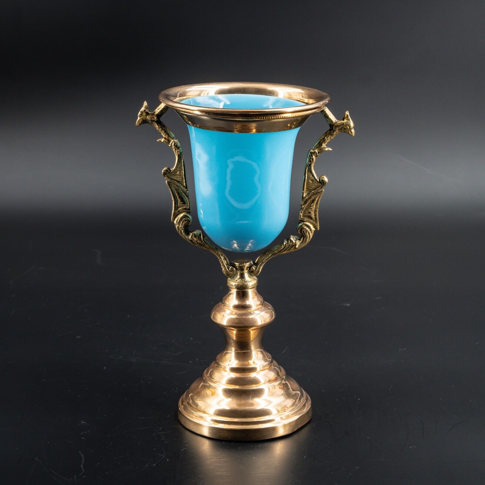 Rare Antique French Blue Opaline Glass Church Night Light Bronze Copper Oil Lamp
