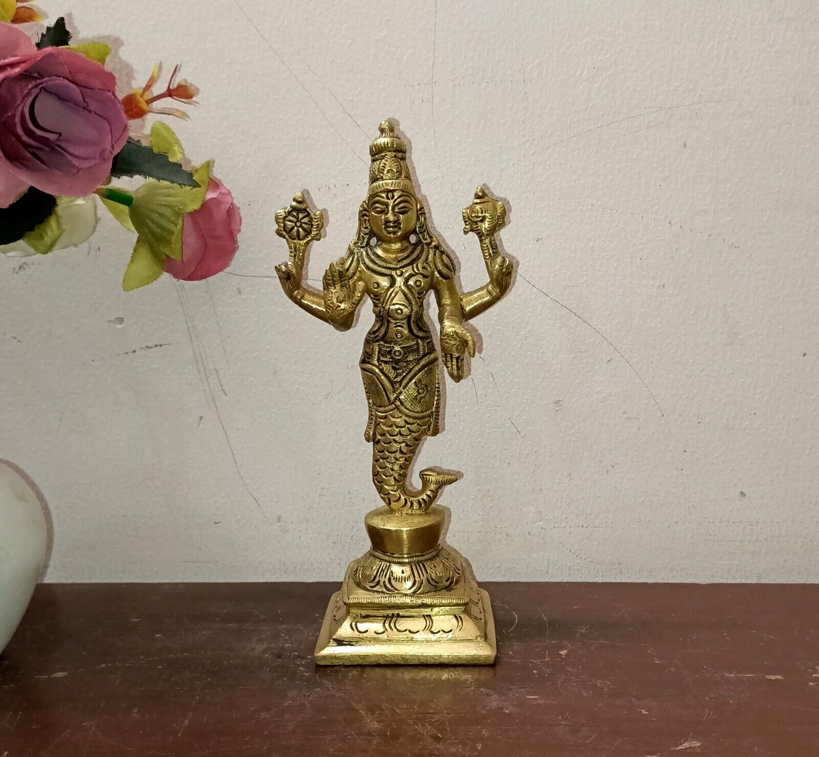 Brass Idol Matsya Avatar Sri Narayan Statue Welcome Home Temple Decoration HK510