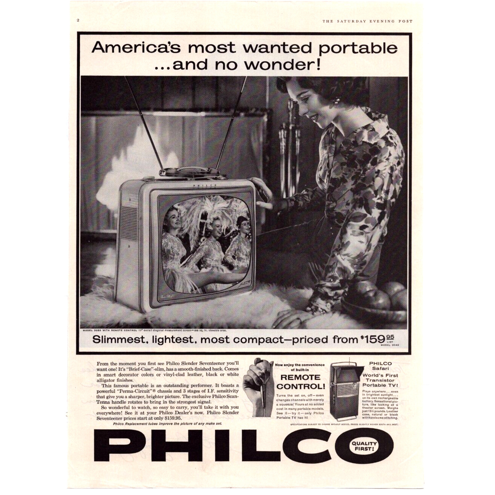 1959 Print Ad Philco Portable Television w/Remote Slim Light Compact & Safari