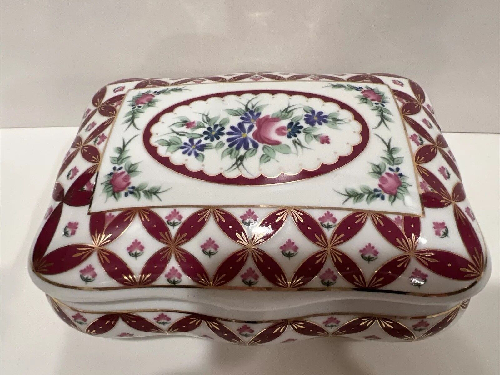 Vintage Porcelain Floral Dresser Box Gilded Jewelry Box Limited Edition 2003