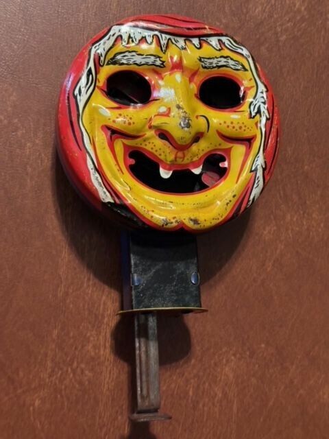 Vintage Halloween Tin Noisemaker Toy Jack-O'-Lantern Witch Scary Face